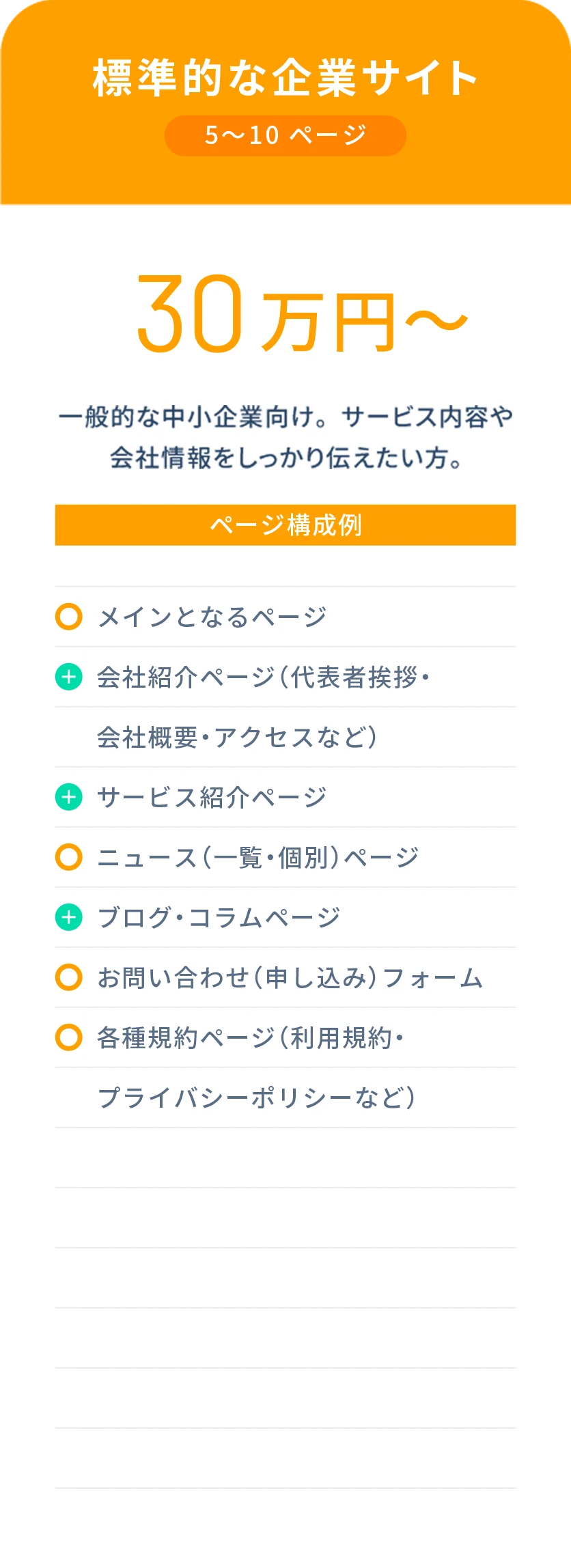 標準的な企業サイトプラン 5〜10ページ 30万円〜