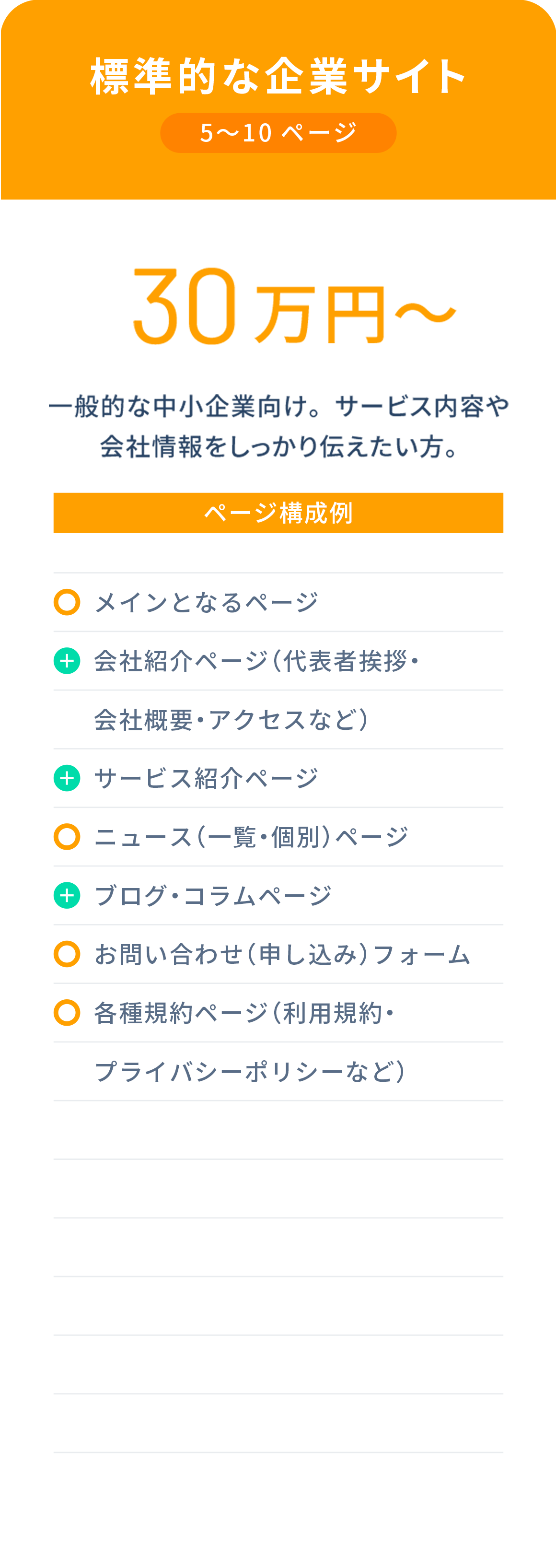 標準的な企業サイトプラン 5〜10ページ 30万円〜